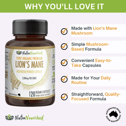Organic Lion’s Mane Mushroom Capsules Food Nutra Nourished LIONSMANE_CAPS_120