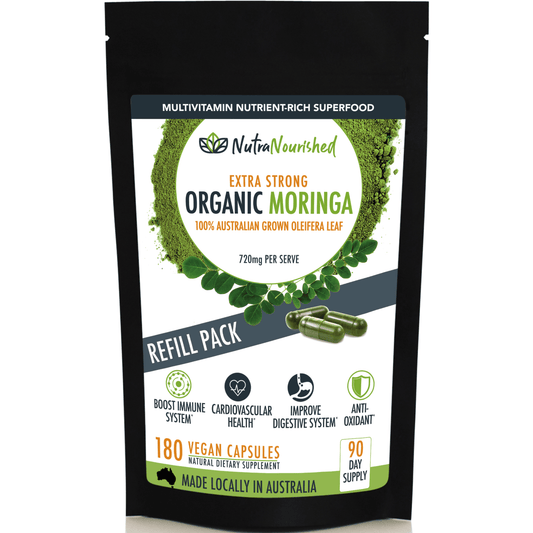 Tan Organic Moringa Leaf Capsules Australian Grown Refill Bag 180 Vegan Capsules