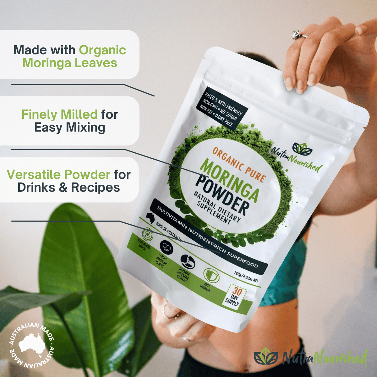 Organic Moringa Leaf Powder Food Nutra Nourished MORINGA_POWDER_120