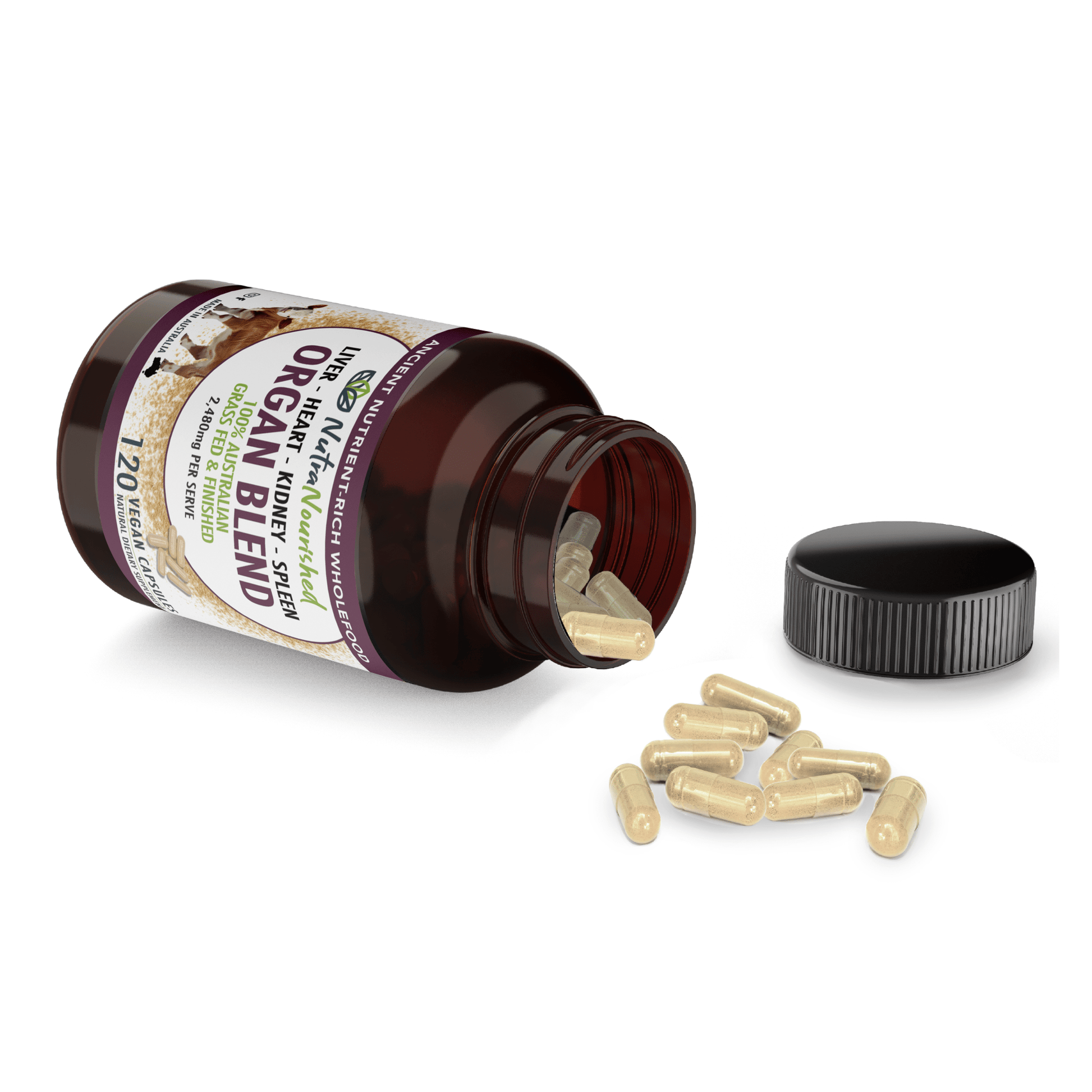 Light Gray Organic Organ Blend Capsules | Liver, Heart, Kidney, Spleen | Australian Grass-Fed Beef | 2,480mg