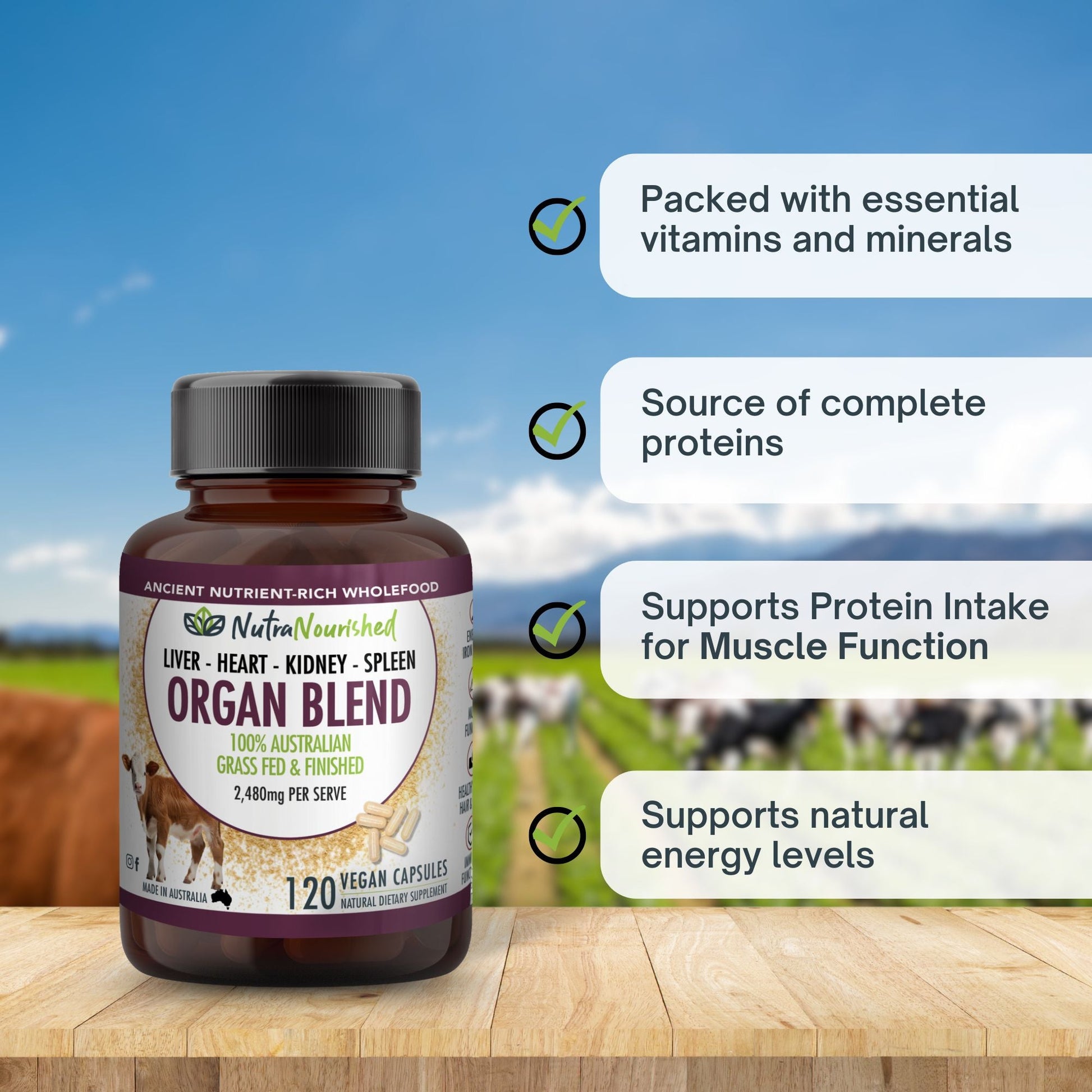 Light Gray Organic Organ Blend Capsules | Liver, Heart, Kidney, Spleen | Australian Grass-Fed Beef | 2,480mg