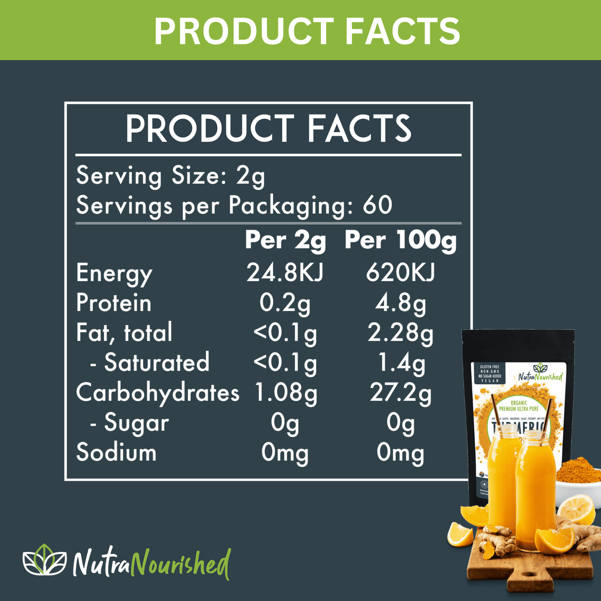 Organic Turmeric Extract Powder (Curcumin 95%) Dietary Supplement Nutra Nourished TURMERIC_PURE_120_FBM