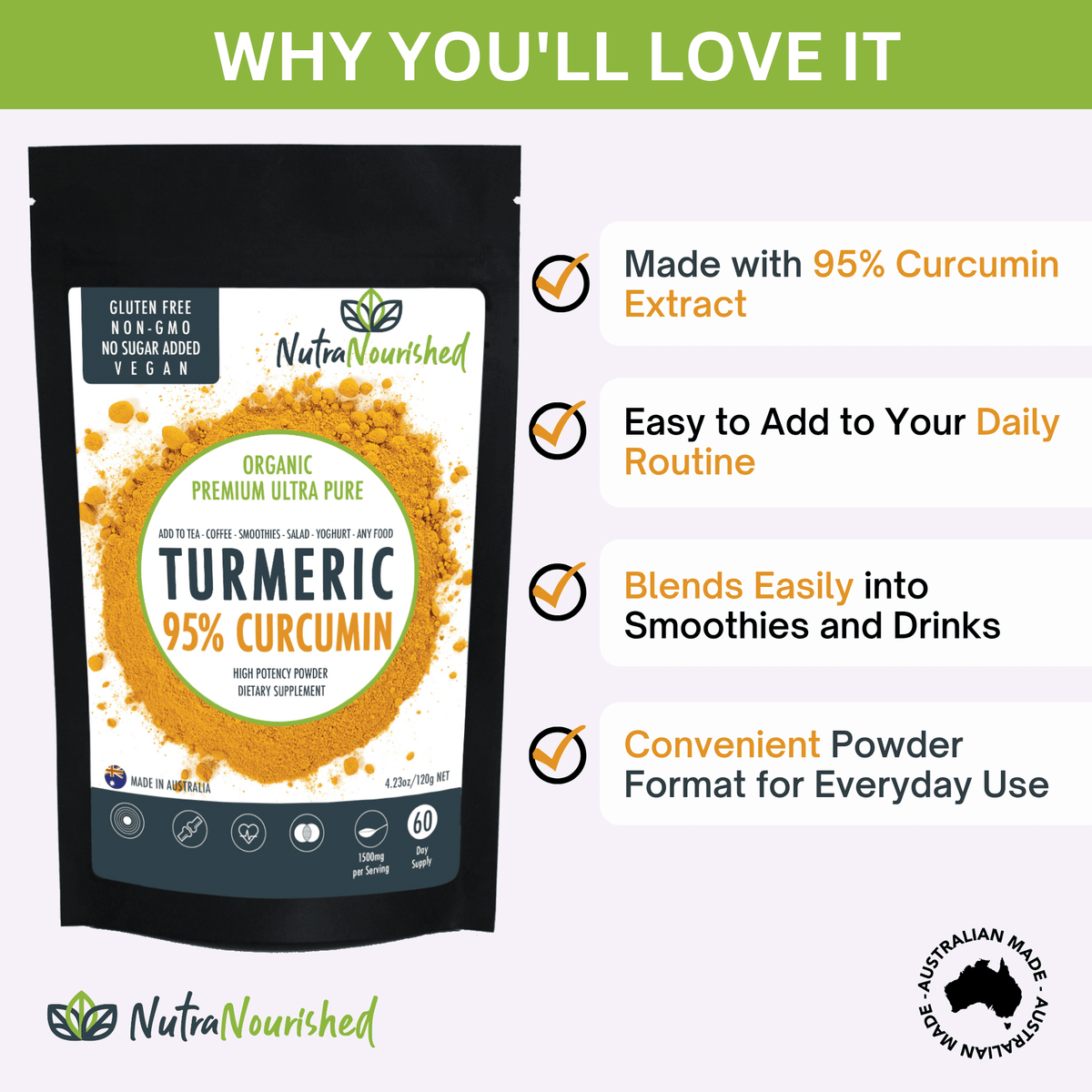 Organic Turmeric Extract Powder (Curcumin 95%) Dietary Supplement Nutra Nourished TURMERIC_PURE_120_FBM