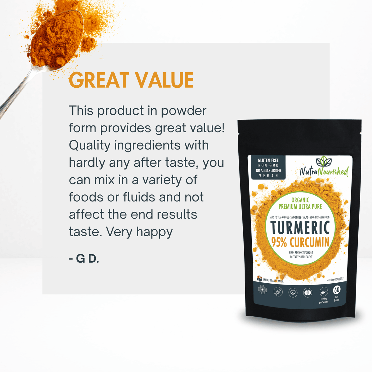 Organic Turmeric Extract Powder (Curcumin 95%) Dietary Supplement Nutra Nourished TURMERIC_PURE_120_FBM
