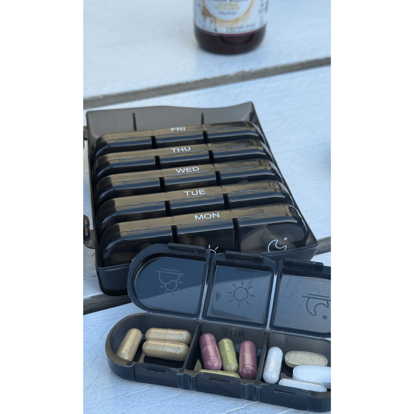 Light Blue Capsule Container with 7-Day Organiser Storage