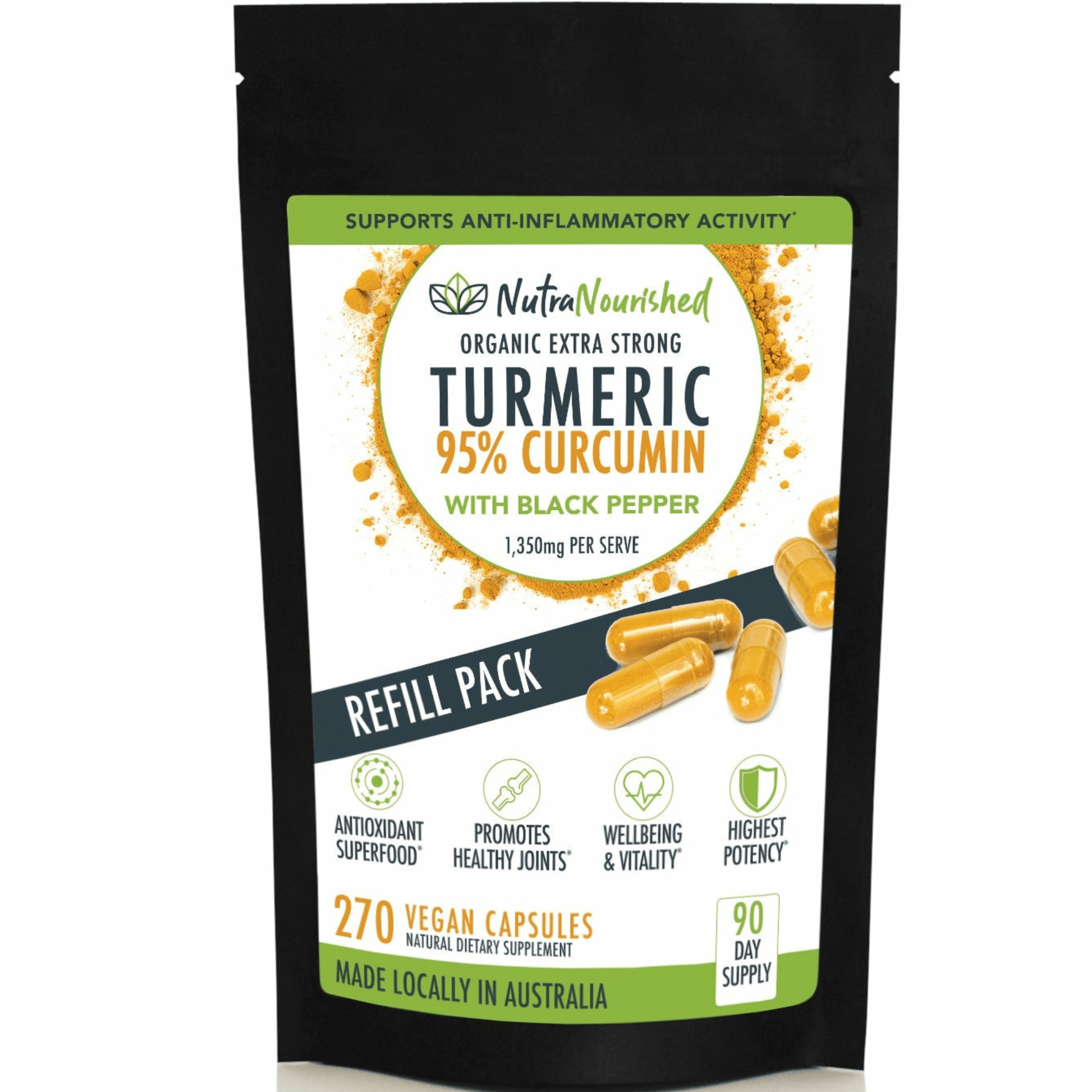 Beige REFILL BAG - Turmeric 95% Curcumin Extract Capsules, Organic, with Black Pepper, 270 Vegan Capsules/ 3 Month Supply