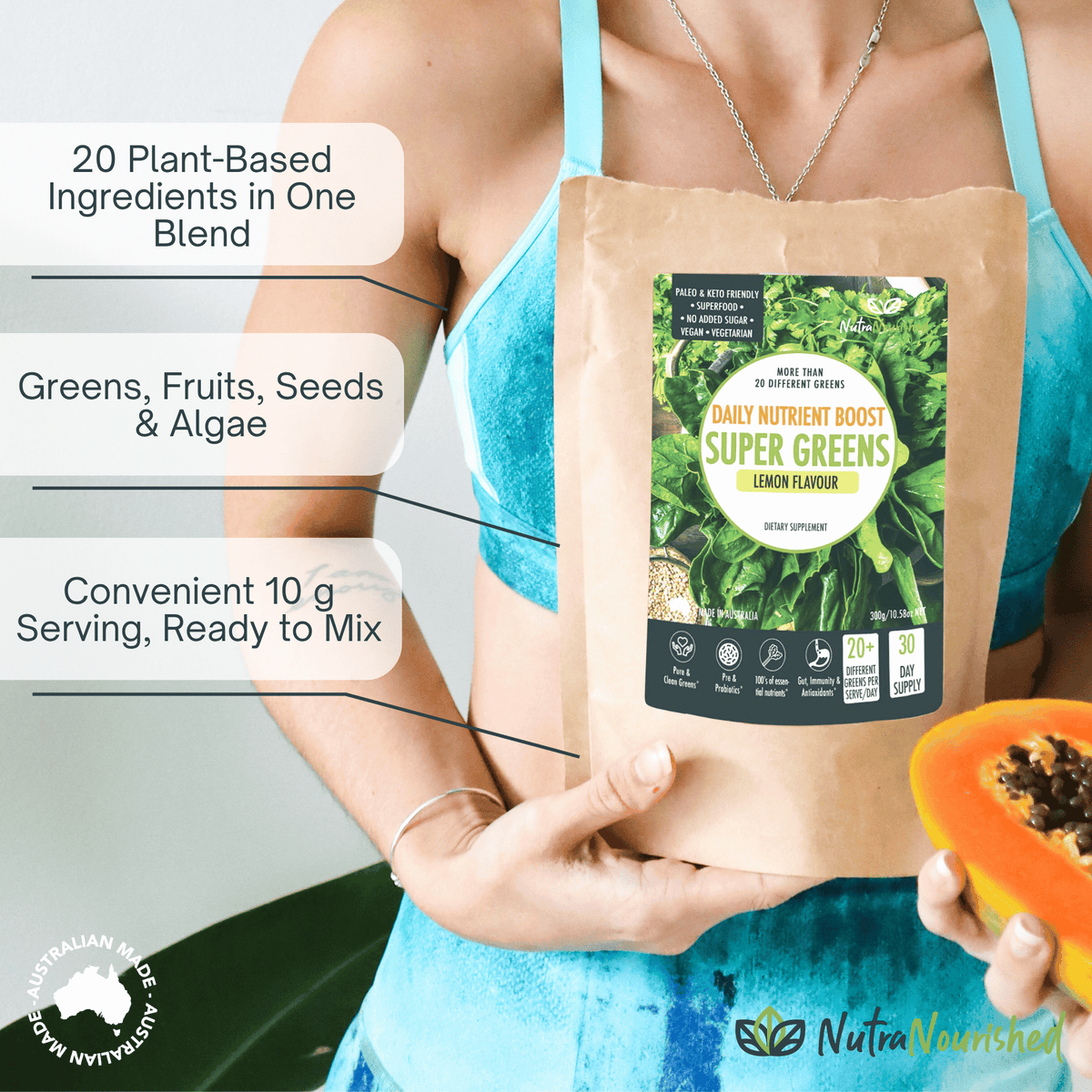 Super Greens Powder Food Nutra Nourished SUPER_GREENS_300G_FBM