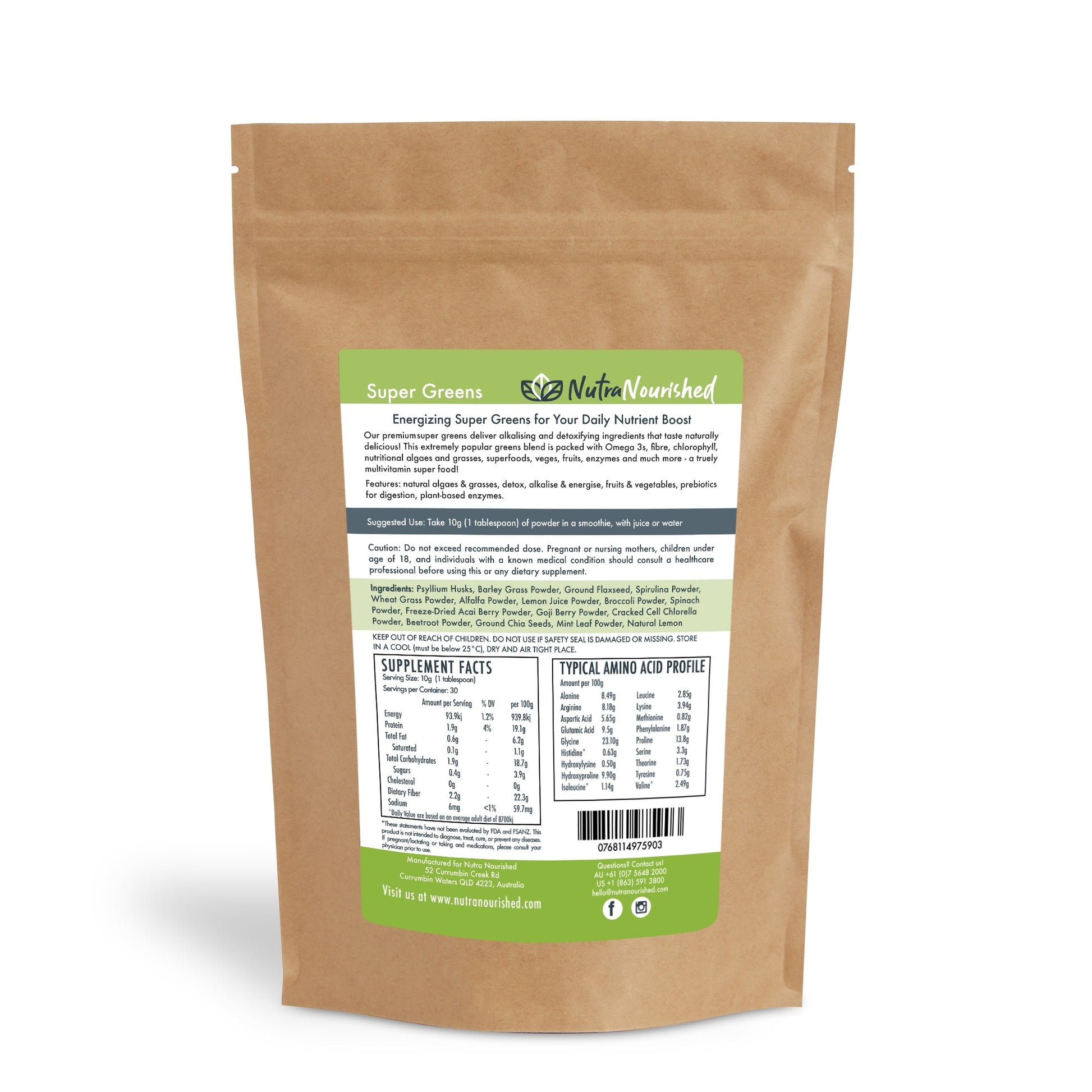 Dark Khaki Super Greens Powder – Organic Blend of 20 Greens – 300g – Immune & Energy Support