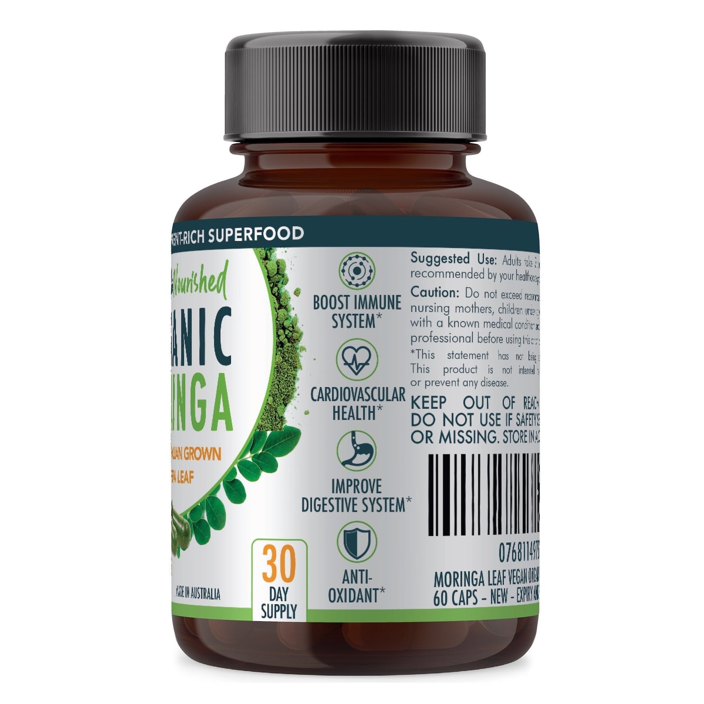 Gray VALUE BUNDLE: Organic Pure Moringa Leaf Capsules - Australian Grown - 2 x 60 Vegan Capsules (2 Months Supply)