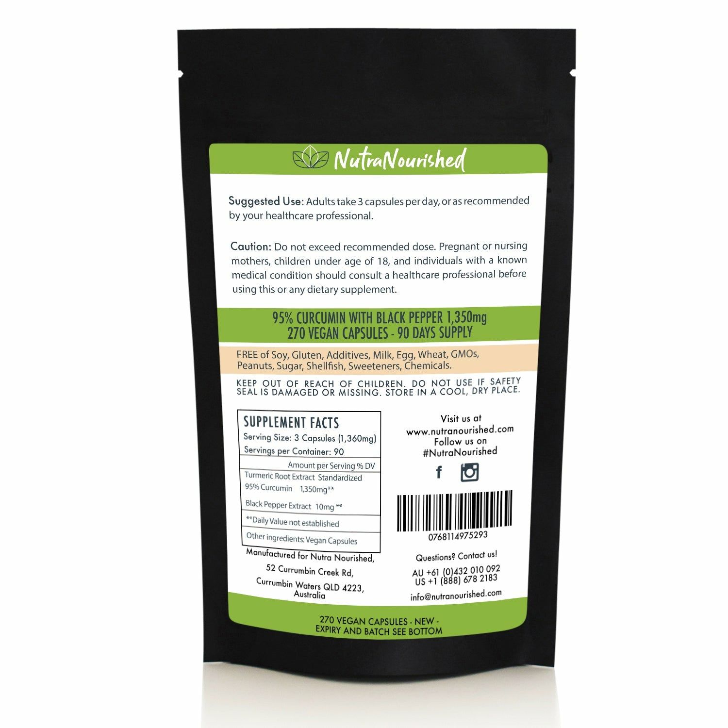 Black REFILL BAG - Turmeric 95% Curcumin Extract Capsules, Organic, with Black Pepper, 270 Vegan Capsules/ 3 Month Supply