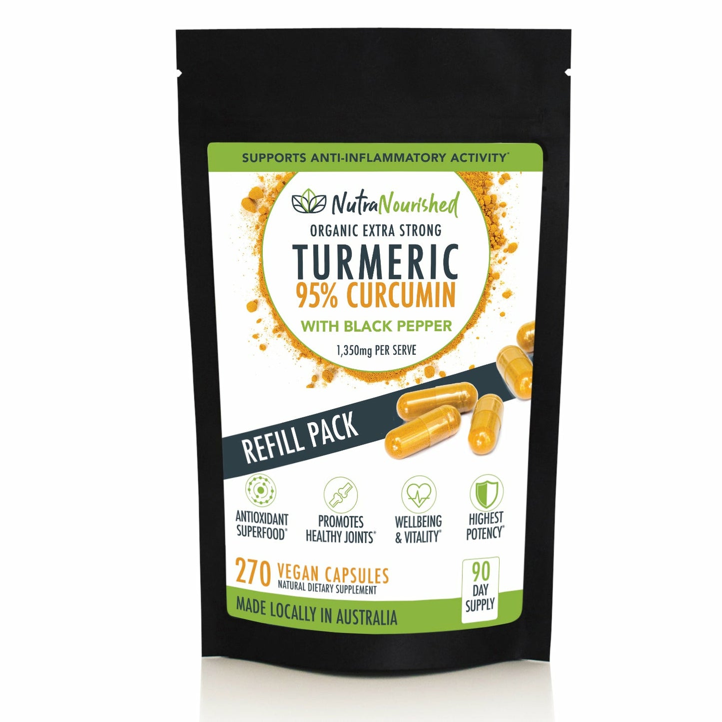 Black REFILL BAG - Turmeric 95% Curcumin Extract Capsules, Organic, with Black Pepper, 270 Vegan Capsules/ 3 Month Supply