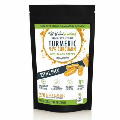 Black REFILL BAG - Turmeric 95% Curcumin Extract Capsules, Organic, with Black Pepper, 270 Vegan Capsules/ 3 Month Supply