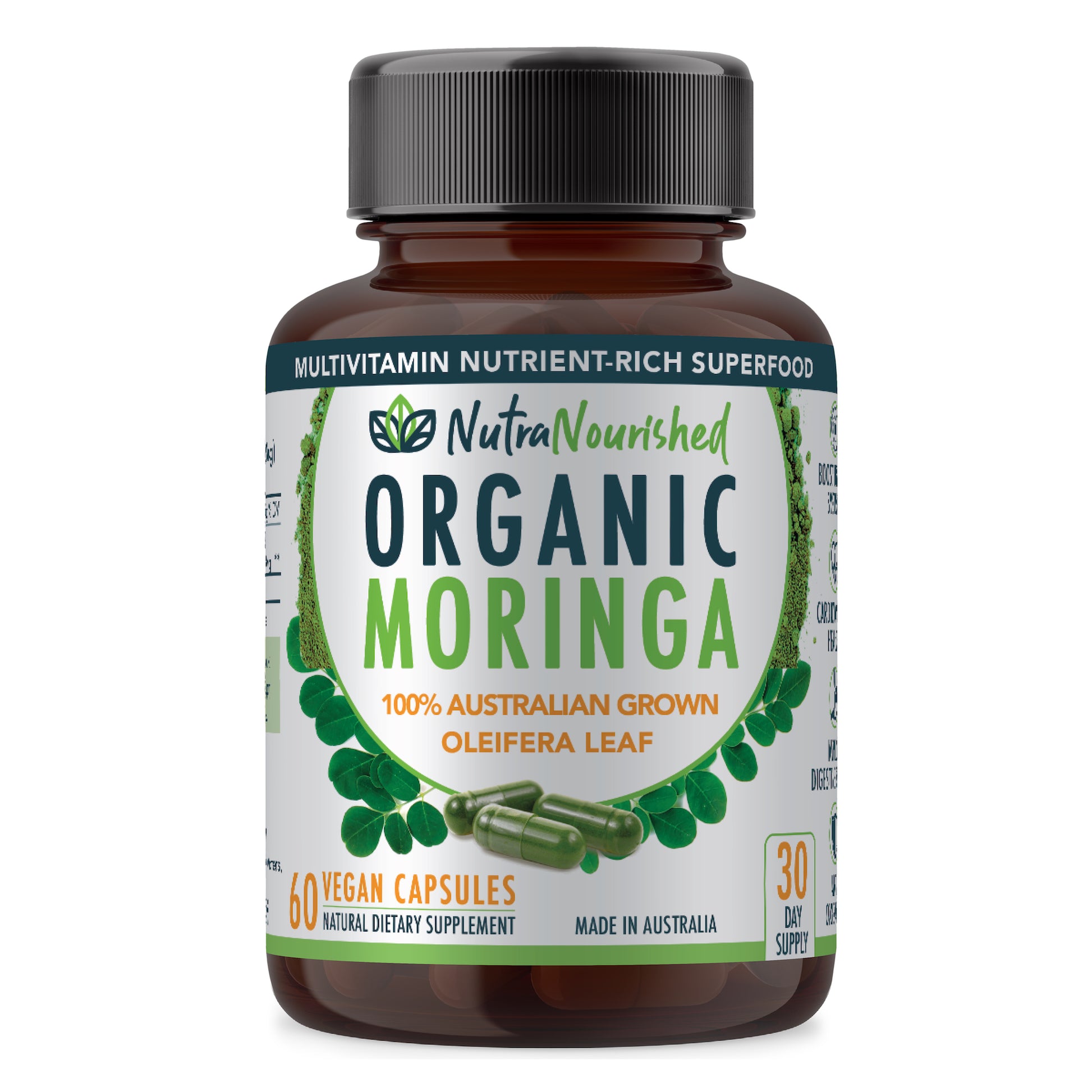 Dark Slate Gray Organic Pure Moringa Leaf Capsules - 100% Natural Australian Grown  - contains 13 different vitamins & minerals