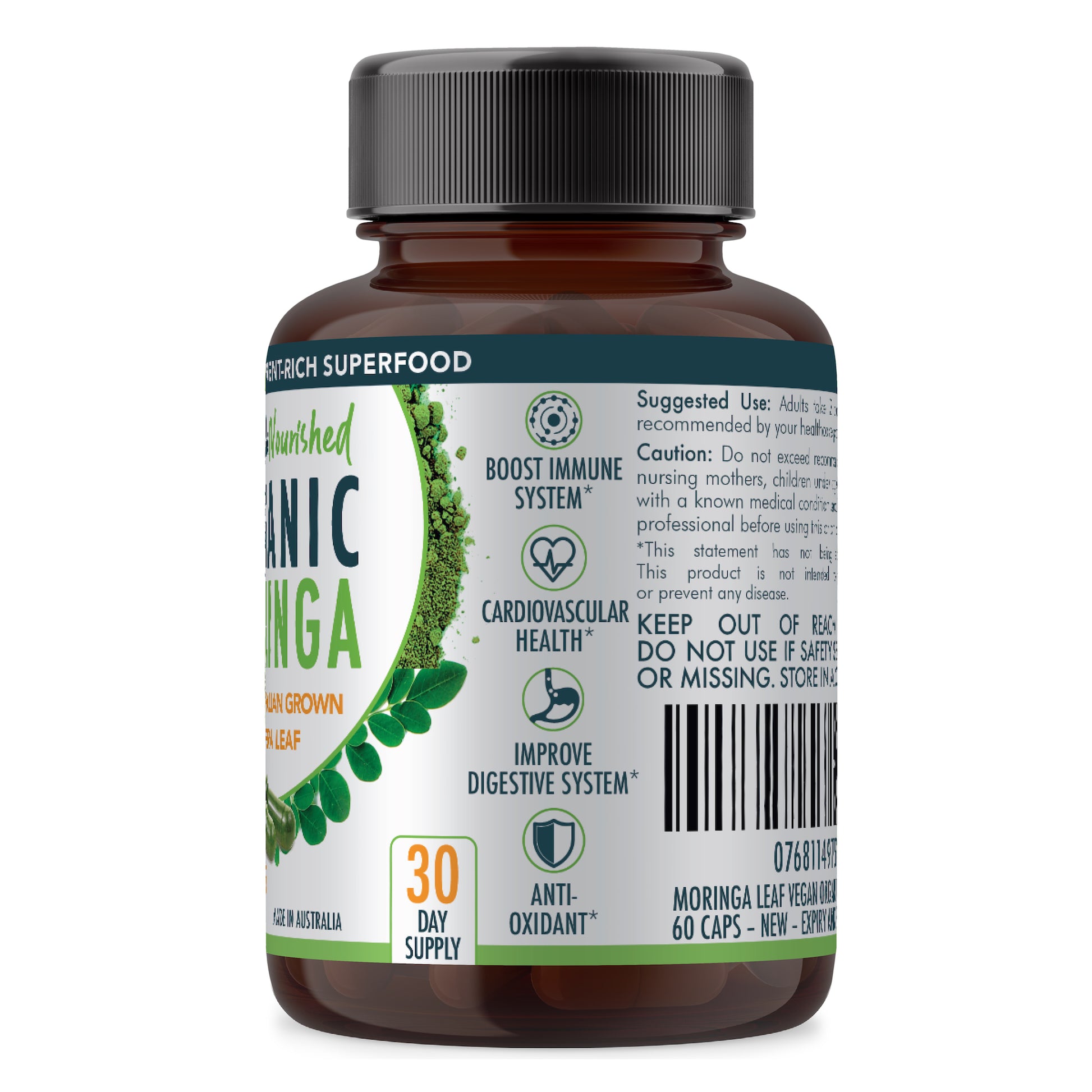 Light Gray Organic Pure Moringa Leaf Capsules - 100% Natural Australian Grown  - contains 13 different vitamins & minerals