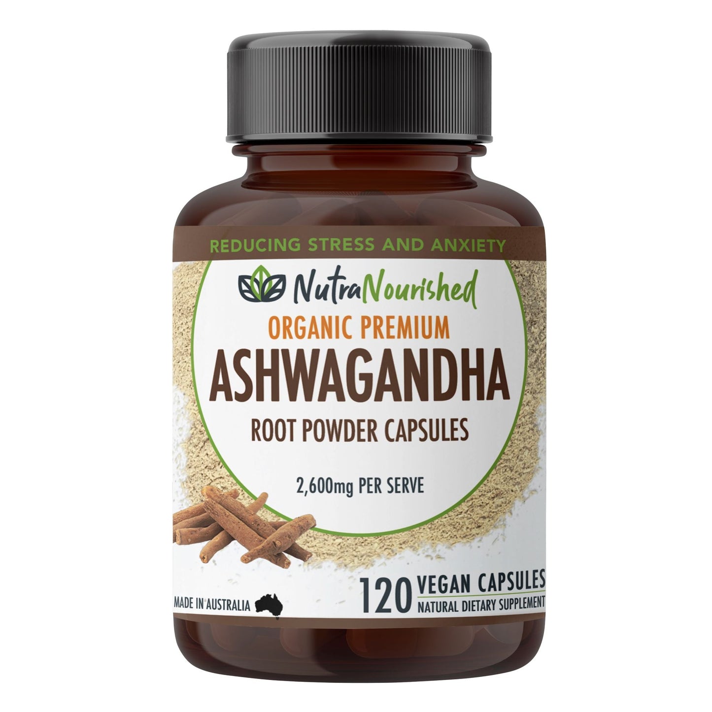 Light Gray Organic Ashwagandha (2,600mg) 120 Vegan Capsules