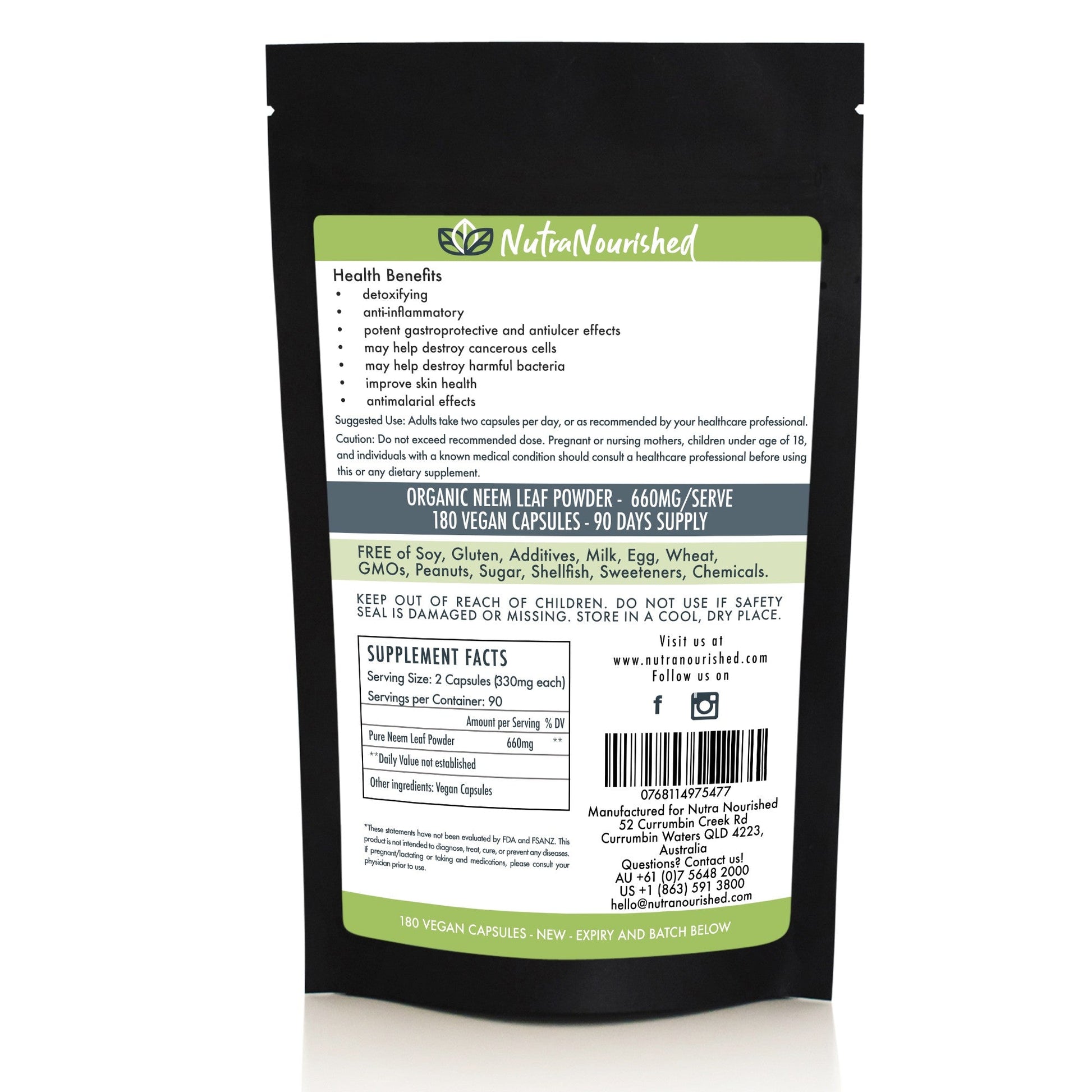 Dark Slate Gray Neem Leaf 660mg Australian Grown Refill Bag 180 Vegan Capsules