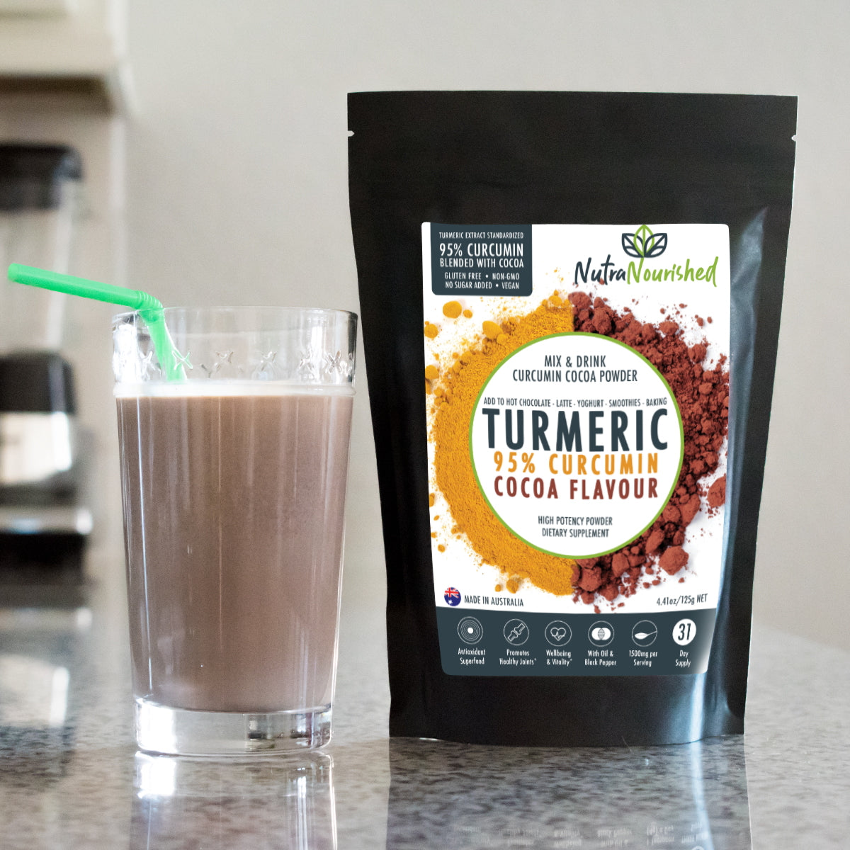 Gray Turmeric 95%  Curcumin Extract w/ Cocoa Flavour - Pure & Organic - 1500mg Turmeric Powder With Black Pepper