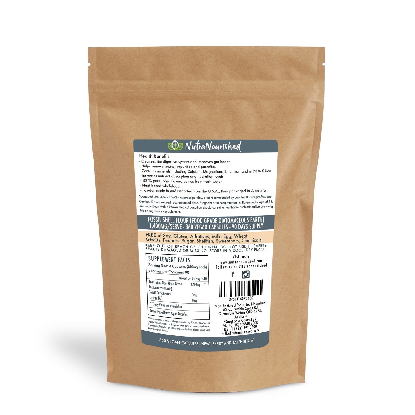 Rosy Brown Food Grade Diatomaceous Earth Fossil Shell Flour Capsules Refill Bag 360 Vegan Capsules