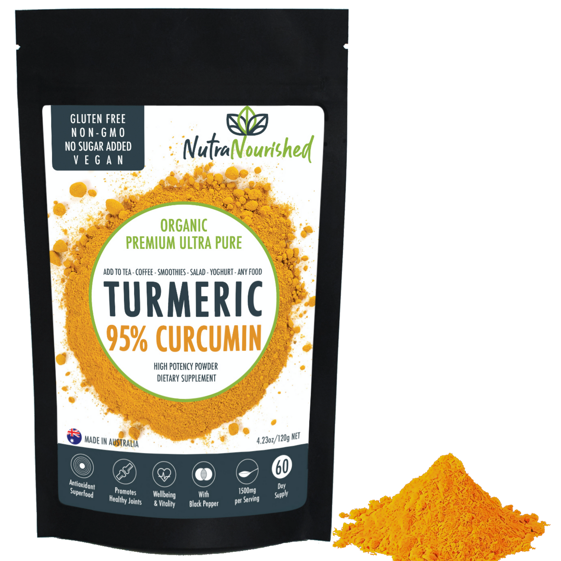 Dark Slate Gray Pure Organic 95% Curcumin Powder - 1500mg of Turmeric Extract Buffered with Black Pepper