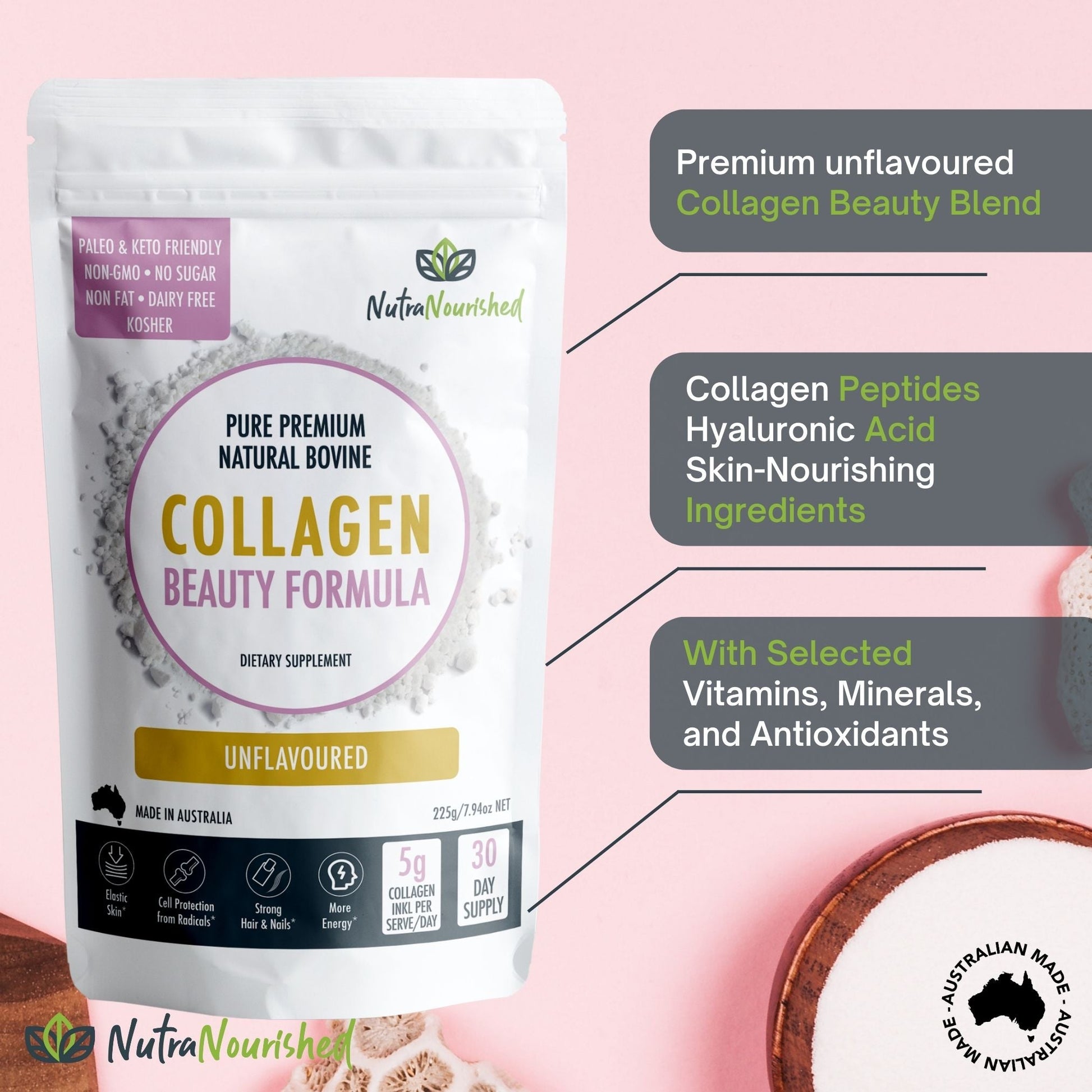 Dim Gray Nutra Nourished Collagen Beauty Formula Unflavoured - The Secret to Glowing Skin 225g