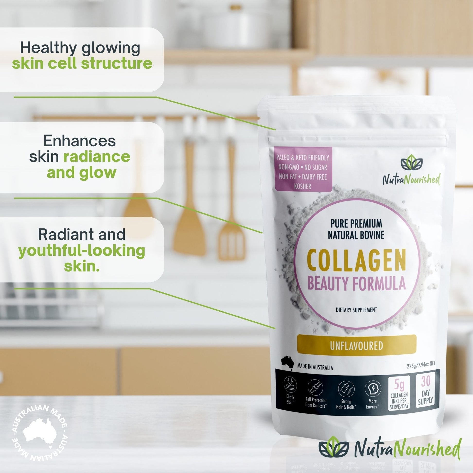 Light Gray Nutra Nourished Collagen Beauty Formula Unflavoured - The Secret to Glowing and Youthful Skin 225g