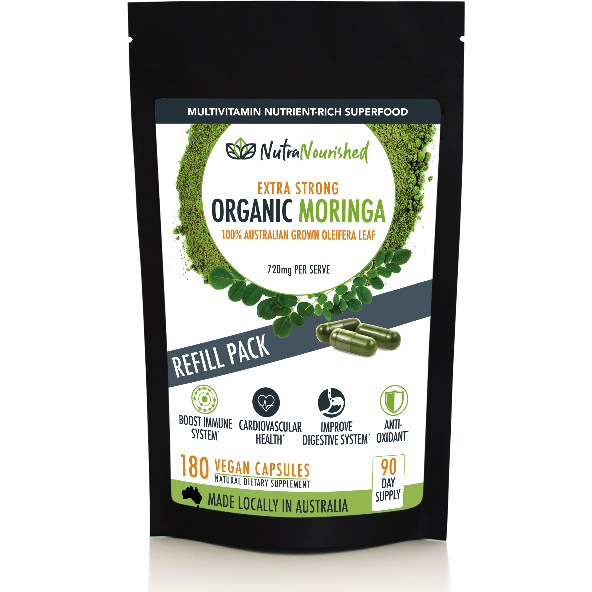Gray Organic Moringa Leaf Capsules Australian Grown Refill Bag 180 Vegan Capsules