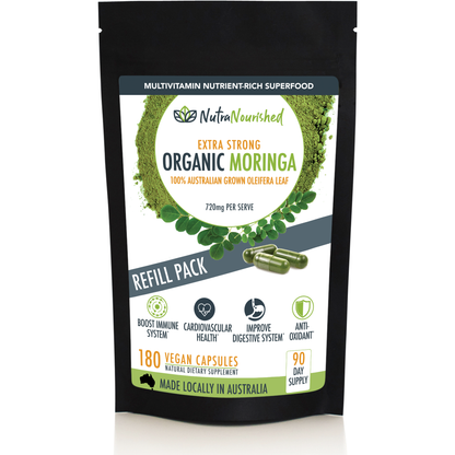 Gray Organic Moringa Leaf Capsules Australian Grown Refill Bag 180 Vegan Capsules
