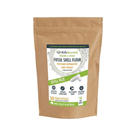 Dark Khaki Food Grade Diatomaceous Earth Fossil Shell Flour Capsules Refill Bag 360 Vegan Capsules