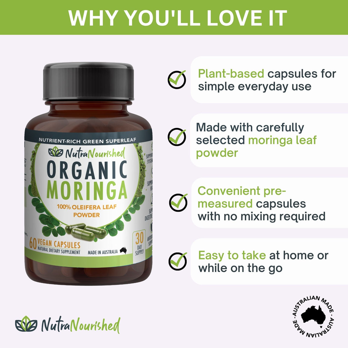 Nutra Nourished Organic Moringa Leaf Capsules, 2 x 60 vegan capsules