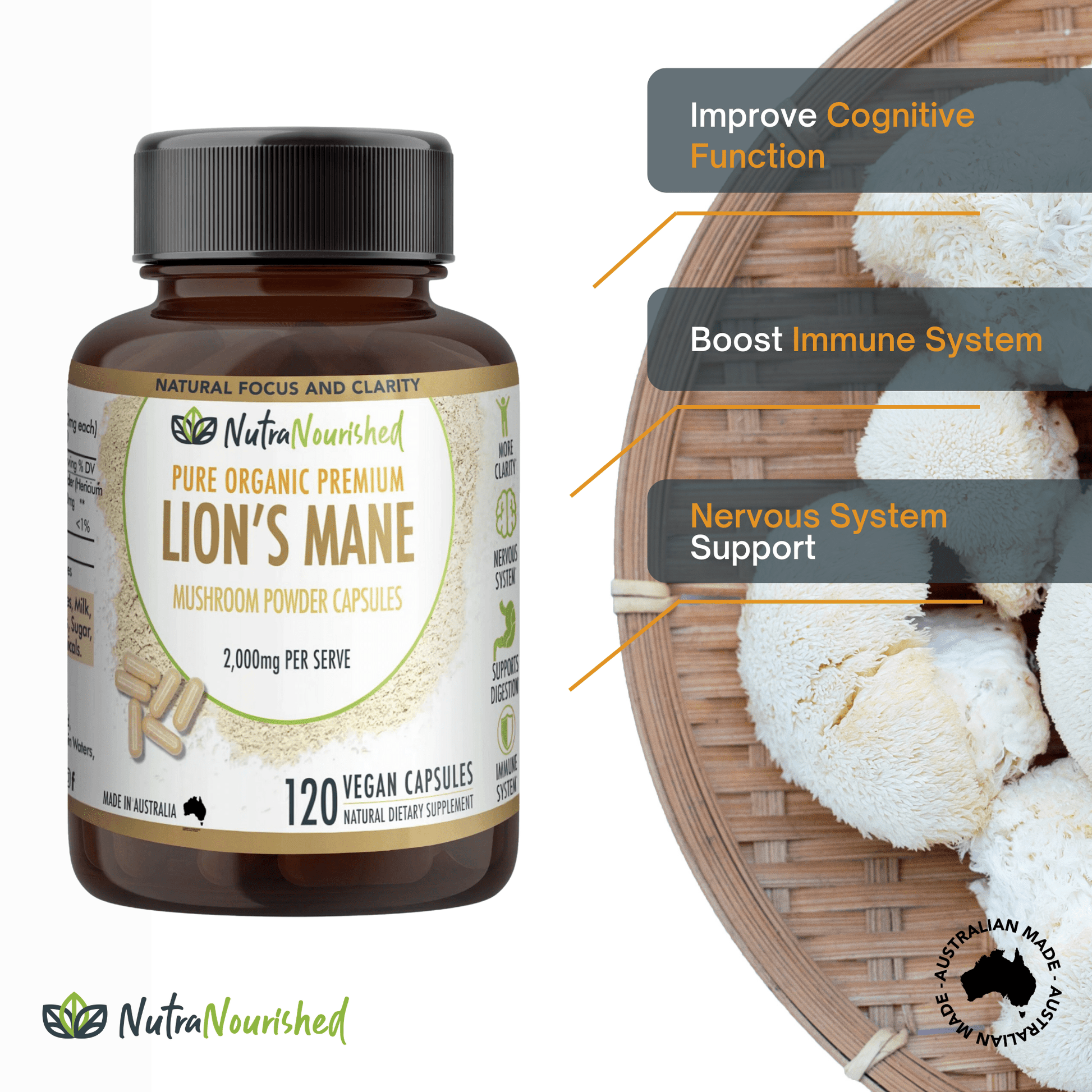 Slate Gray Lion’s Mane Mushroom Capsules – 2,000mg – 120 Vegan Caps – Supports Cognitive Function – Made in Australia