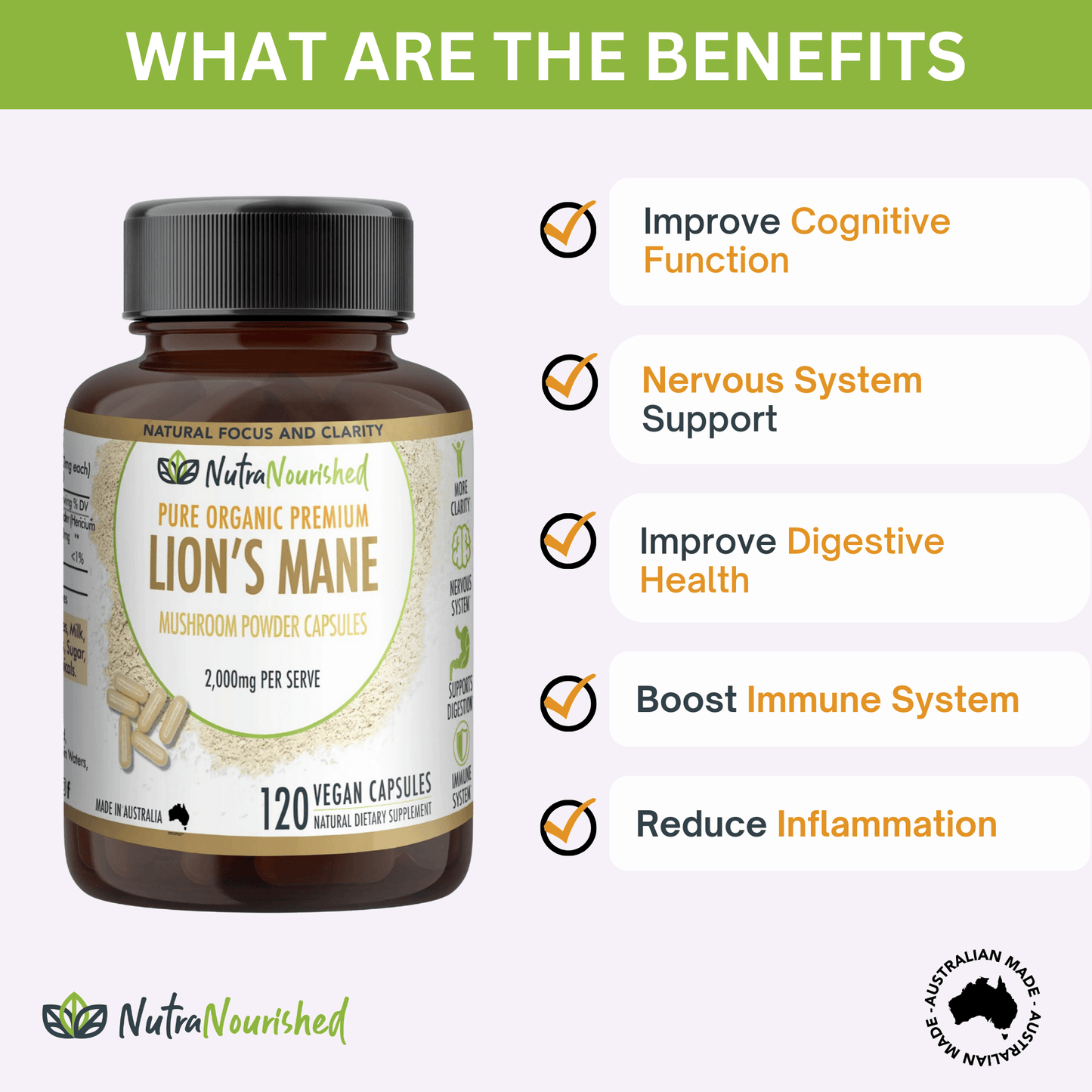 White Smoke Lion’s Mane Mushroom Capsules – 2,000mg – 120 Vegan Caps – Supports Cognitive Function – Made in Australia