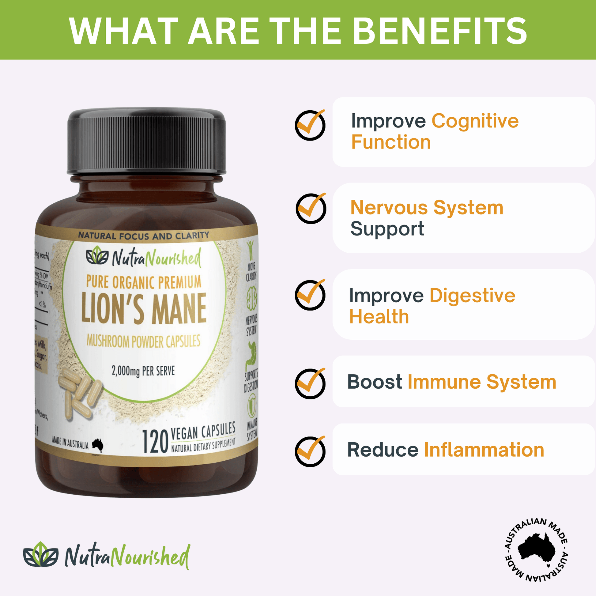 White Smoke Lion’s Mane Mushroom Capsules – 2,000mg – 120 Vegan Caps – Supports Cognitive Function – Made in Australia